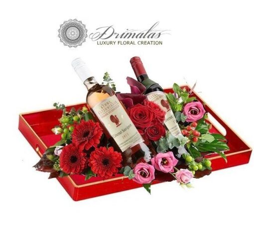 ανθοπωλειο συνθέσεις με ποτά, και κρασιά λουλούδια, σοκολάτες, εταιρικό δώρο